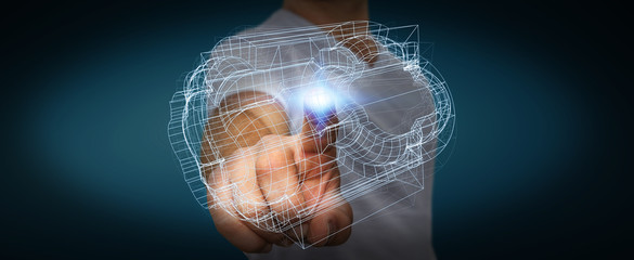 Businessman holding digital 3D engine