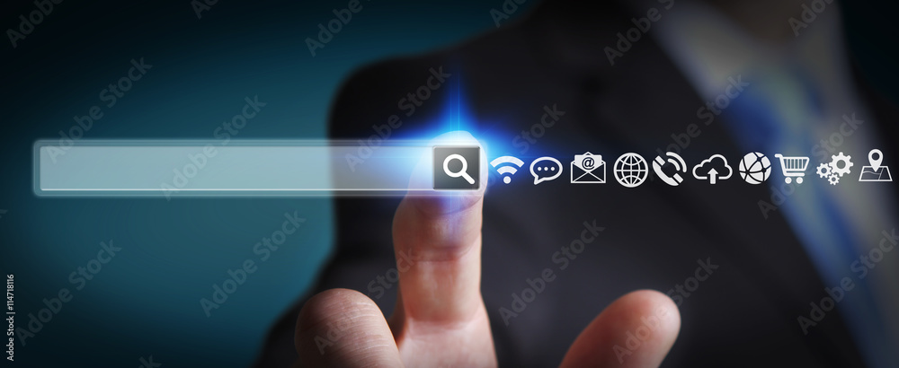Wall mural man surfing on internet with digital tactile web address bar