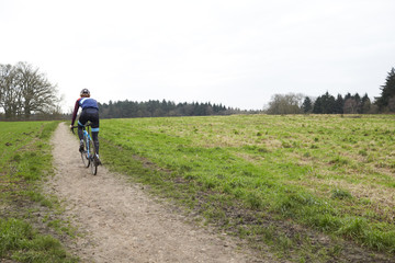 Obraz premium Cross-country cyclist on a path in countryside, back view