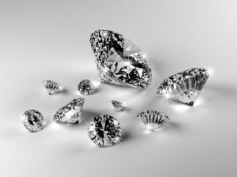 Group of diamonds placed on white background, 3D illustration.