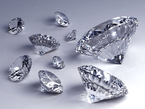 Group of diamonds placed on white background, 3D illustration.