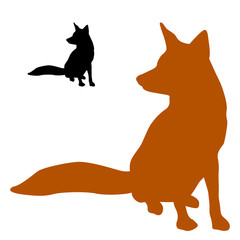 red fox sits a black silhouette vector illustration