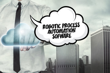 Robotic process automation text on cloud computing theme with businessman