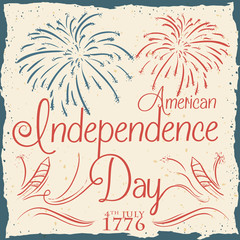 American Independence Day Poster with Fireworks in Retro Style, Vector Illustration
