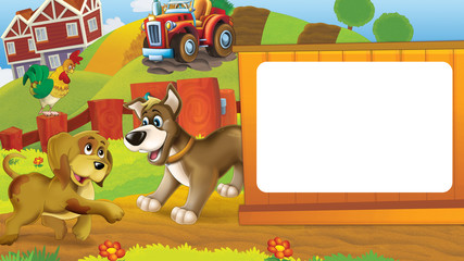 Cartoon farm scene with different animals - dogs having fun -  illustration for children