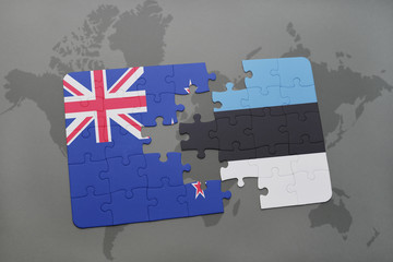 puzzle with the national flag of new zealand and liechtenstein on a world map background