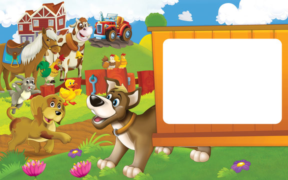 Cartoon farm scene with different animals - dogs rabbit duck cow and hen - illustration for children