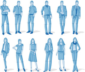Group of blue business people. Sketch silhouette.

