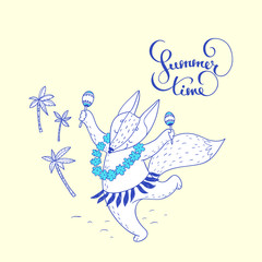 Summer time. hand drawn illustration with cute dancing fox