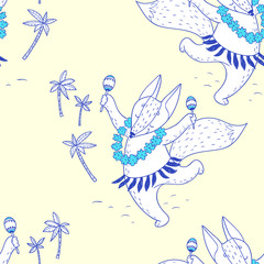 Summer time. hand drawn seamless pattern with cute dancing fox