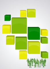 Green 3d cubes with business people. Infographic design. Sketch silhouette.
