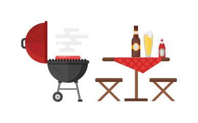 Kettle barbecue grill isolated on white and kettle barbecue grill accessory. Vector camping kettle barbecue grill and metal stove cook device kettle barbecue grill. Picnic cooking bbq device.