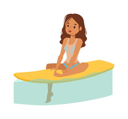 Vector surfing girl standing. Surfing people surfer woman, water sports. Sunny beach water hobby surfing people summer vacation lifestyle. Tropical waves teenager leisure.