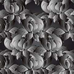 Vector dark seamless pattern with 3d art flowers. Vintage ornament for design in Victorian style. Ornate floral decor for wallpaper, textile, page background.Endless texture. Outline pattern fill