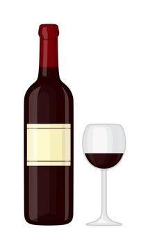 Glass and bottle of wine drink alcohol beverage winery cabernet design vector illustration. Wine bottle and glass elegance product, red wine bottle and bar glass. Merlot product champagne brand.