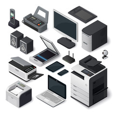 Office equipment isometric printer interior paper furniture style. Set of vector isometric office equipment pen tablet computer industry. Isometric office equipment speakers room digital box symbol.