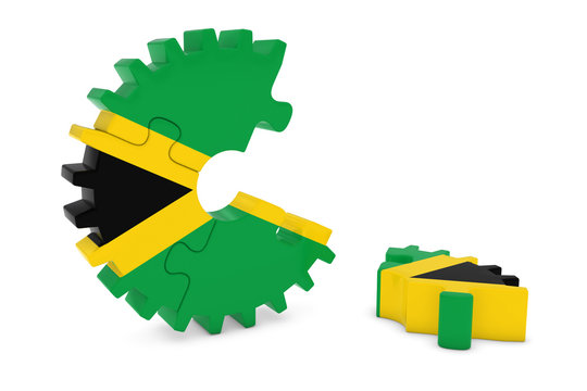 Jamaican Flag Gear Puzzle with Piece on Floor 3D Illustration