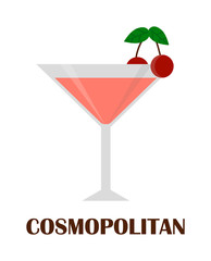 Cosmopolitan cocktail with cherry isolated. Drink glass cold alcohol beverage cosmopolitan cocktail. Refreshment fruit summer cool party cosmopolitan cocktail. Martini lime liquor vodka mixed water