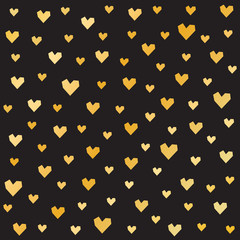 Seamless romantic pattern for Valentine’s Day with gold hearts on black background. Minimal repeat background for gift wrapping paper, greeting cards, wallpaper, textiles.
