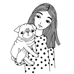 Beautiful young girl and a cute pug.