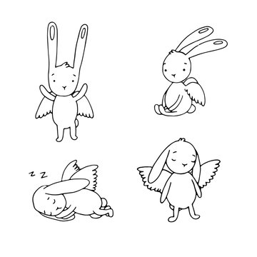 Set of cute rabbits with wings.