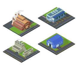 Isometric building vector icon set. Industrial building infographic element set of isometric buildings factory, warehouse industrial symbols. Architecture house exterior cityscape.