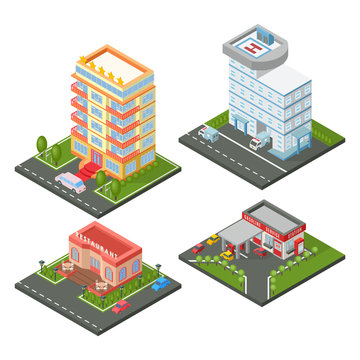 Vector Isometric Buildings Set. Isometric Building Hospital Building, Gas Station, Hotel Architecture Fancy Restaurant. Exterior Town House Isometric Building Office Property Industry Plan Apartment.