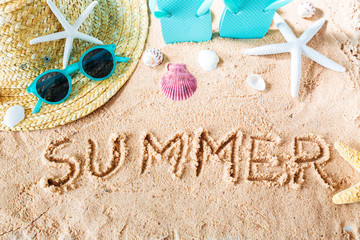 Summer text in the sand