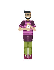 illustration isolated European dark-haired man glasses with beard, hipster striped T-shirt, smartphone in hand