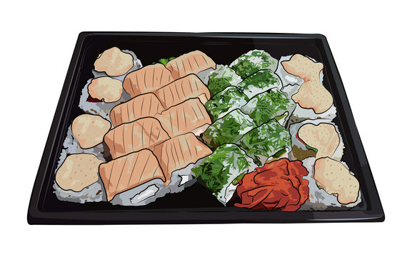 Japanese traditional cuisine, food, illustration set of sushi, rolls, fast food