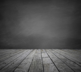 Gray wooden floor boards and grey blackboard wall room background