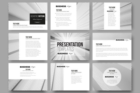 Set of 9 templates for presentation slides. Abstract lines background, simple monochrome texture