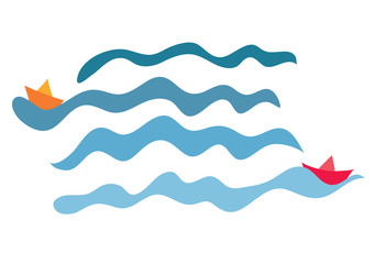 sea voyage two craft/ vector background with two paper toy boat sailing on blue waves towards