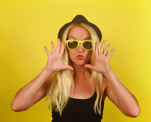 Happy Summer Girl with Yellow Background