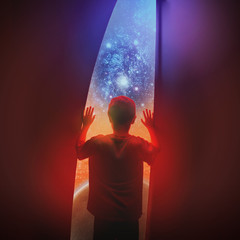 Space Boy Looking Out Window of Stars