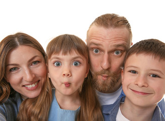 Happy family taking selfie isolated on white