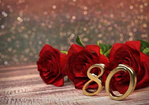 birthday concept with red roses on wooden desk. eightieth. 80th. 3D render