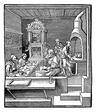 Goldsmith workshop, engraving XVI century