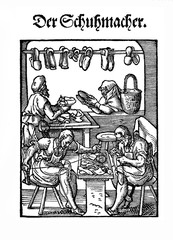 The shoemaker workshop, engraving XVI century