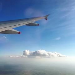 Fototapeta na wymiar Grey Airplane wing in a blu sky with a white cloud