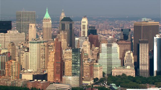 Flight paralleling Manhattan skyline from waterfront. Shot in 2003.