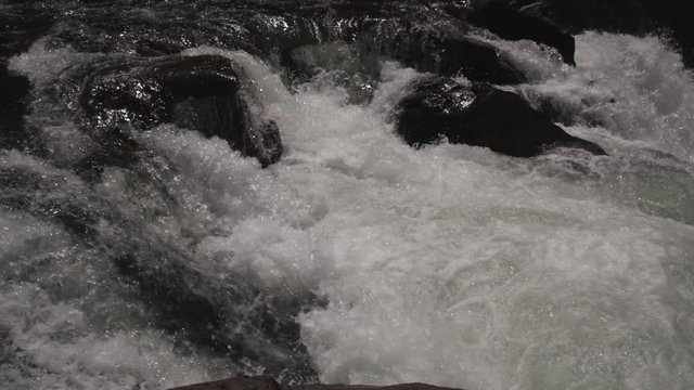 Foaming whitewater and black rocks in a river