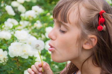 Portrait of a little girl blowing a dandelion