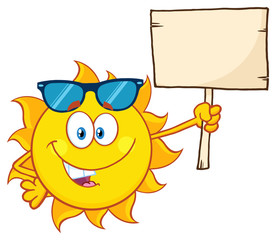 Summer Sun Cartoon Mascot Character With Sunglasses Holding A Wooden Blank Sign