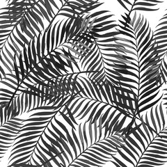 Vector summer seamless pattern with palm leaves. Design for fashion textile summer print, wrapping paper, web backgrounds.  Hand drawn tropical palm leaves, black and white background.