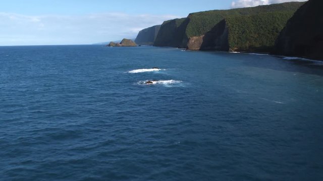 Fast flight over surf crashing on rocky reef off the coastal cliffs of Hawaii. Shot in 2010.