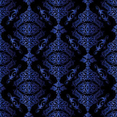 Vector dark damask seamless pattern background. Elegant luxury texture for wallpapers, backgrounds and page fill. 3D blue elements with shadows and highlights. 