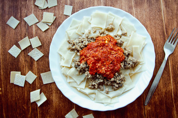 Khinkal, a traditional dish of Caucasian cuisine, boiled pieces of dough with meat and tomato sauce