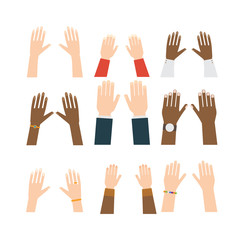 Obraz premium Flat human hands isolated creativity concept. Hands fingers symbol isolated, flat style hands working. Touch vector human hand drawn elements. People body parts
