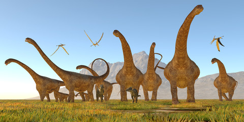 Malawisaurus Dinosaurs - Two Dracorex walk with a herd of Malawisaurus dinosaurs for safety as a flock of Pteranodon reptiles fly over. © Catmando